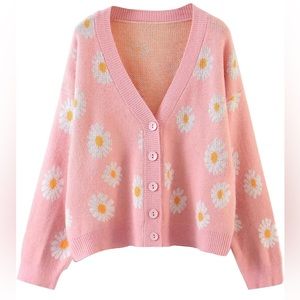 (SOLD) New! Pink Cardigan Sweater w/ Flowers, one size fits most